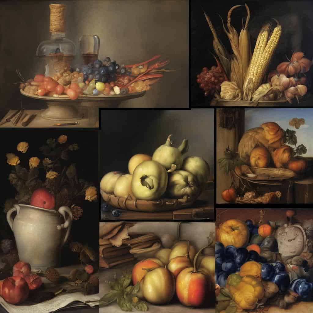 Γραφικό πίνακα με φρούτα και λαχανικά σε στυλ κλασικής ζωγραφικής.