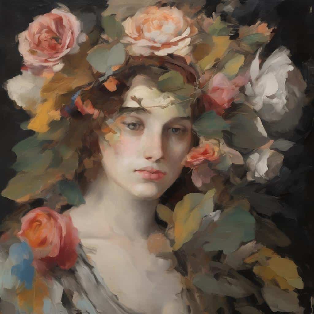 Όμορφη γυναίκα με λουλούδια στα μαλλιά, σε ρεαλιστικό πορτρέτο με τέχνη και επιρροές στην τέχνη.