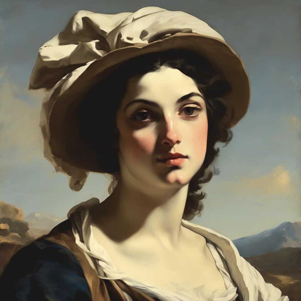 Όμορφη γυναίκα με καπέλο σε ζωγραφικό πορτρέτο, εμπνευσμένο από καλλιτέχνες και τις επιρροές στην τέχνη.