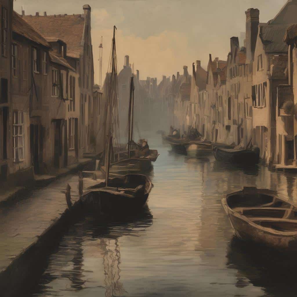 Παλιό κανάλι με βάρκες και ιστορικά κτίρια, εμπνευσμένη εικόνα που αναδεικνύει την τέχνη και τους καλλιτέχνες.