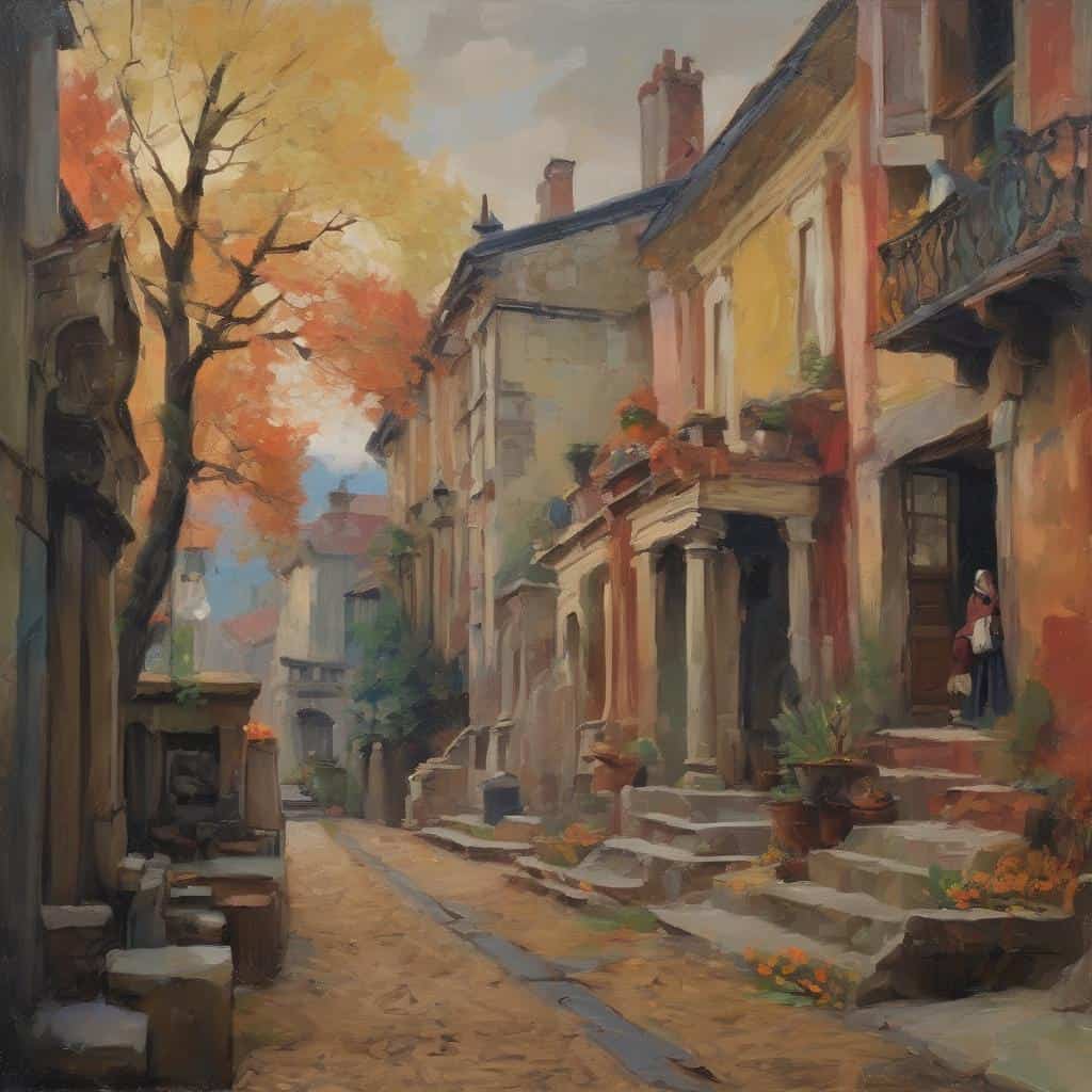 Ανθισμένη γωνιά παλιάς γειτονιάς με χριστουγεννιάτικα στοιχεία και καλλιτεχνική επιρροή στην τέχνη.