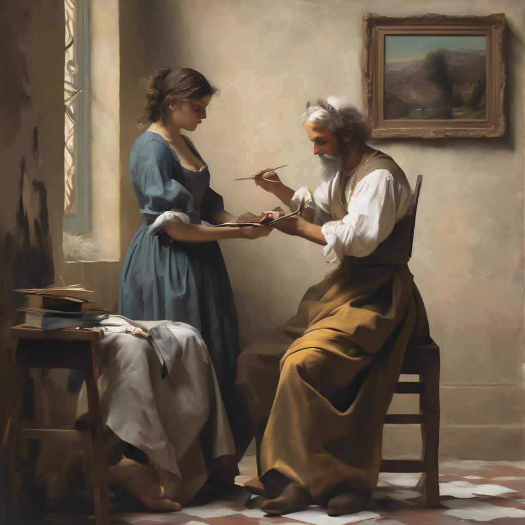 Δάσκαλος και μαθητής ζωγραφίζουν σε στούντιο τέχνης, επιρροές και καλλιτέχνες στην ιστορία της τέχνης.